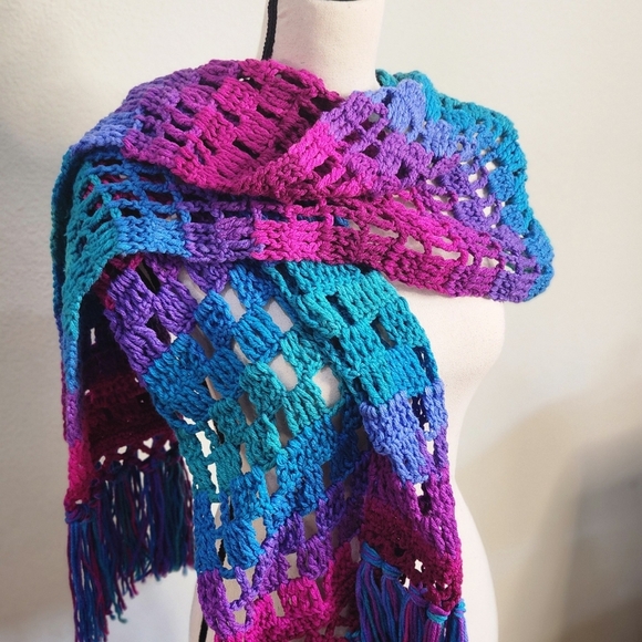 Hand Knitted Vibrant Rainbow Fringed Scarf - Picture 3 of 4